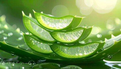 Fresh aloe vera slices, vibrant green