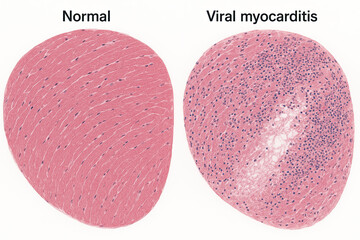 Microscopic view of normal and viral myocarditis heart muscle tissue