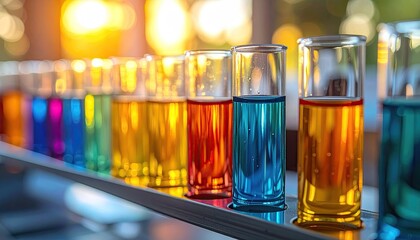Laboratory Test Tubes with Colorful Liquids under Bright Lighting Displaying Diverse Chemistry Experiment in Blurred Background