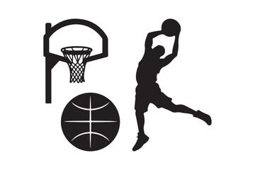 Fototapeta premium Silhouette of a basketball player dunking with hoop and ball