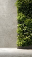Concrete Wall with Lush Vertical Garden, Green Foliage and Bright Light