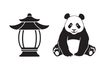 Stylized panda and traditional asian lantern illustration