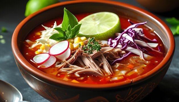 A delicious and hearty bowl of traditional mexican pozole rojo soup filled with tender shredded pork hominy and garnished with fresh lime radish cabbage and cilantro