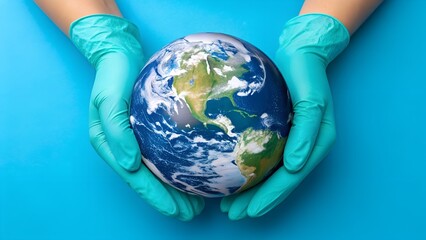 Two hands in teal gloves holding planet Earth medical gloves