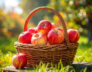 Fresh apples in a wicker basket outdoors
