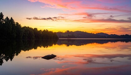 Obraz premium Lakescape at Sunset with Reflective Water Silhouetted Trees and Vibrant Skies