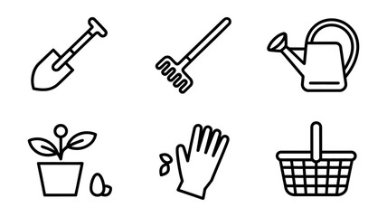 Obraz premium Vector art of gardening tools line icons, including shovel, rake, watering can, plant, glove, and basket for planting and cultivation