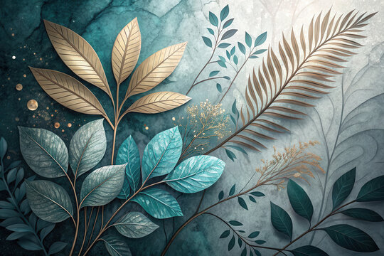 Sophisticated botanical design with gold and teal leaves on textured backdrop