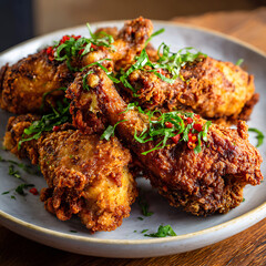 Plate of crispy fried chicken drumsticks with garnish.