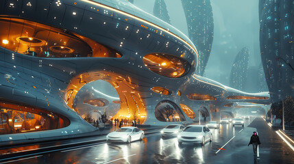 未来都市の近未来建築と車の街並み