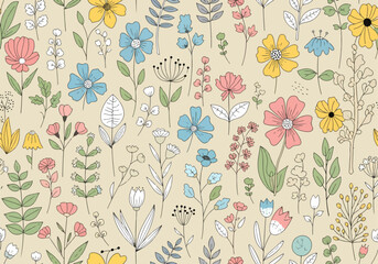 Seamless floral pattern with pink vintage flowers and leaves for spring wallpaper