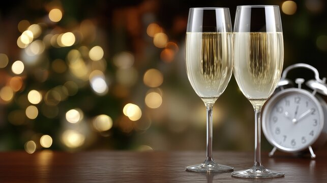 Elegant celebration with two sparkling glasses of champagne beside a clock counting down to the New Year, creating a festive atmosphere filled with holiday cheer