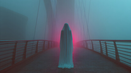 Holographic ghost bride drifting across skyscraper bridge, rim key glow, selective focus blur, silky translucent sheen. Analogous teal-magenta palette, 