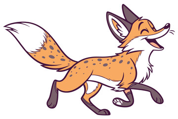 Joyful Spotted Fox Running on a White Background, Cartoon Style