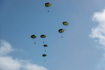 Military paratroopers in the sky after jumping out of a military