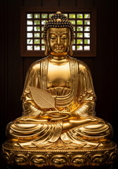 Golden Buddha statue, serene expression, intricate details, peaceful ambiance