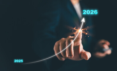 Business growth concept with a futuristic rising arrow from 2025 to 2026, symbolizing progress, success, and financial achievement. Perfect for investment, strategy, and economic development.