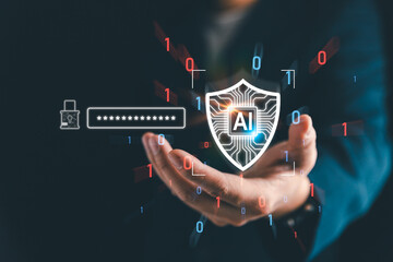 Artificial intelligence cybersecurity concept with digital shield, password protection, and binary data. Modern AI technology for online security, encryption, and cyber defense systems