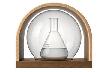 Laboratory flask centered within a wooden frame and glass circle for scientific experiment