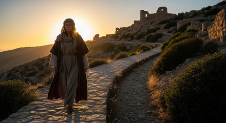 woman walks along stone path at sunset, surrounded by ruins and nature