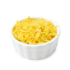 Lemon zest in bowl isolated on white
