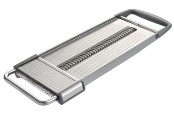 Close-up of a stainless steel mandoline slicer with an adjustable julienne blade and safety guard