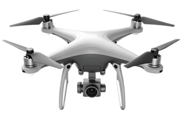 A white drone with four propellers and a camera mounted underneath, isolated on a transparent background