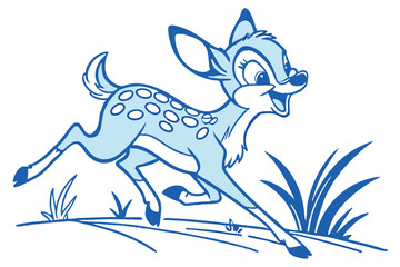 Light Blue Spotted Fawn Cartoon Running on Grass with White Background