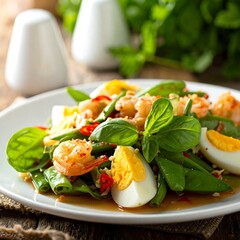 Fresh Asian salad with shrimp, egg, and peas