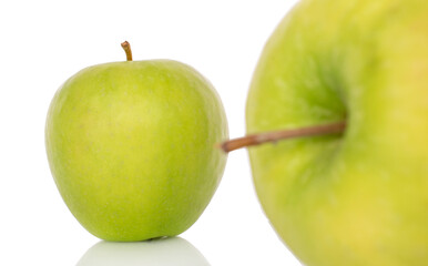 Green juicy apples isolated on white background, close-up.