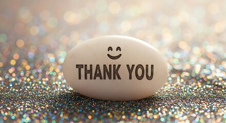 Thank you message on a white stone with a smiley face on glitter background
