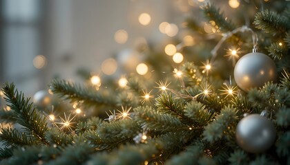 Obraz premium Sparkling fairy lights and evergreen branches with subtle silver ornaments.