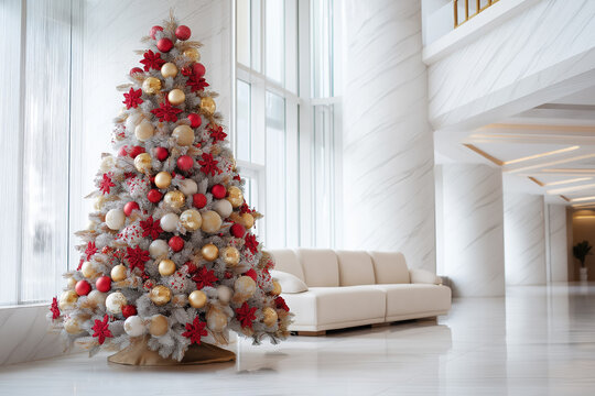 luxurious  living room with decorated Christmas tree  in reder gold and silver  ornaments