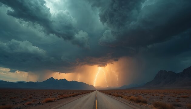 Long straight road crosses wide desert plain under dramatic sky. Dark storm clouds gather over mountains. Bright lightning flashes illuminate horizon. Heavy rain falls in distance. Nature displays