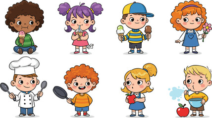 A funny set of cartoon children characters with smiling faces, a vibrant illustration for a seamless pattern