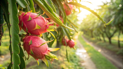 Dragon fruit on the tree in the garden with morning light, healthy fruit © Fx Studio