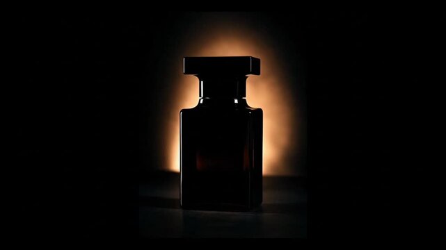 Elegant and mysterious perfume bottle silhouetted against a soft, warm glow, suggesting luxury, sophistication, and the hidden allure of a captivating scent
