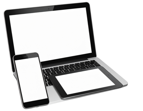 Digital Gadget Wireframe Collection – Clean Line Art of Phone, Laptop, and Tablet PNG