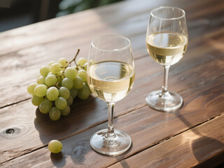 Two glasses of white wine with fresh green grapes on rustic wooden table in natural sunlight