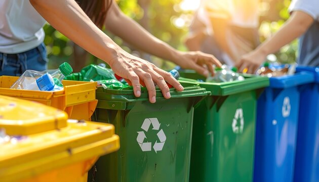 People sort plastic bottles into colorful recycling bins outdoors, promoting sustainability, teamwork, and environmental responsibility. A vibrant scene ideal for eco campaigns and educational content