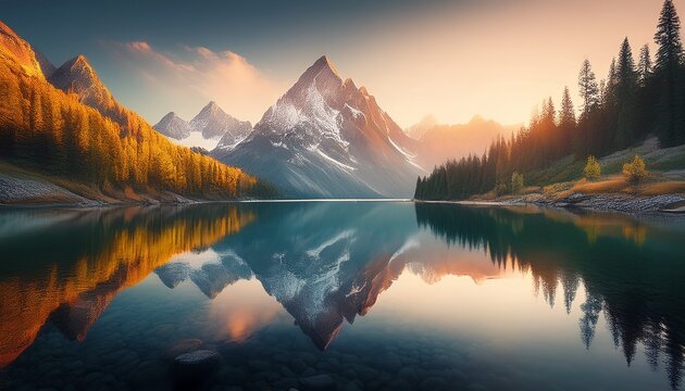 tranquil mountain lake morning sun kissed peaks and perfect reflections - Powered by Adobe