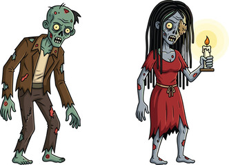 Creepy cartoon zombie couple illustration, scary undead characters, horror monster drawing, spooky skeleton art, frightening Halloween design, evil ghoul with candle