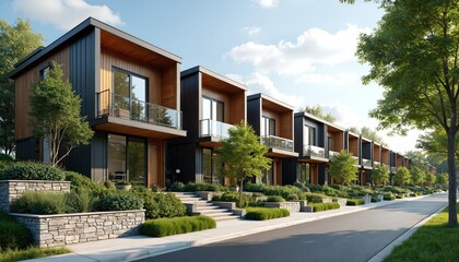 Modern row houses line quiet street on bright sunny day. Contemporary townhouses feature sleek black siding, natural wood accents, glass balconies. Green landscaping with stone walls creates inviting