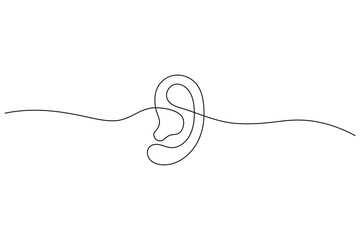 Obraz premium Minimalist continuous one line drawing of a human ear with sound waves, symbol of hearing, listening, and communication