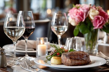 Romantic Dinner Setting with Grilled Steak and Wine
