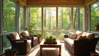 Obraz premium Sunroom with stylish furniture. Large windows frame scenic view of green summer forest. Cozy seating area for relaxation. Interior design focuses on comfort nature integration.