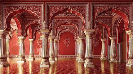 Obraz premium Indian palace interior with ornate arches, pillars, and golden details