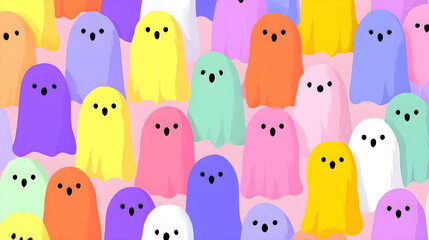Minimalist ghosts hovering in vector pastel, flat illustration with symmetry balance, high-key white background, tetradic playful palette, child-friendly commercial wallpaper