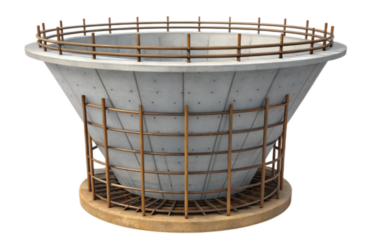 Industrial concrete pour bucket with rebar cage and foundation ready for construction