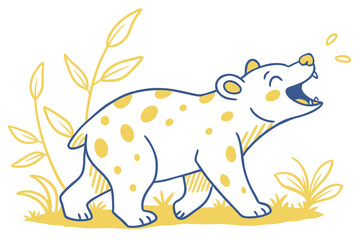 Outlined Spotted Bear Yawning Vector, Happy Expression, Nature Flora and White Background